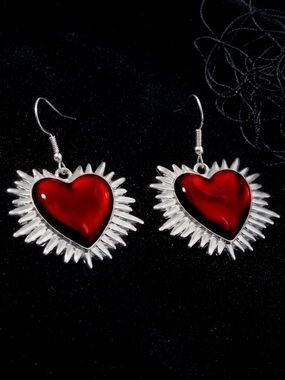 “Bursting Sacred Heart” of Jesus Immaculate Mary Catholic Ruby Red Steel Earring